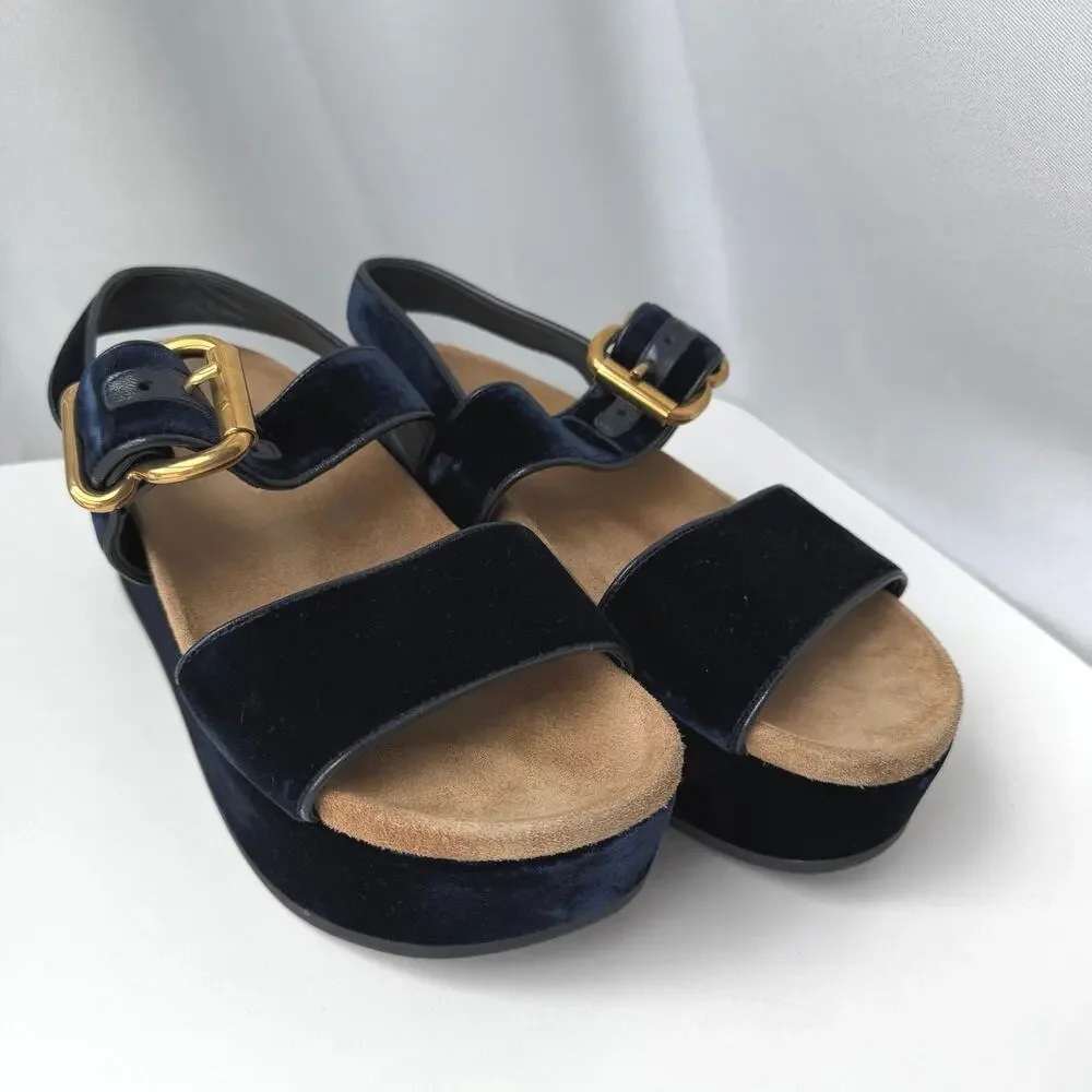 Prada (38) Navy Velvet Platform Sandals Double Strap Gold Buckle Comfortable